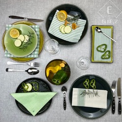 Nappe Easy Gris Clair.
Serviette Roma Vert 40x40cm pliage 1/4
Serviette Capri Vert 30x40cm pliage 1/4
Serviette Easy BIO Vert 40x40cm pliage 1/4
Serviette Kitchen Vert 30x40cm pliage 1/4
Serviette Tirolo Vert 40x40cm pliage 1/8